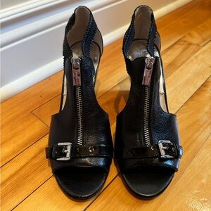 Michael Kors - Black Open Toe & Wedge Heel Sandals with Zipper and Belt Accents